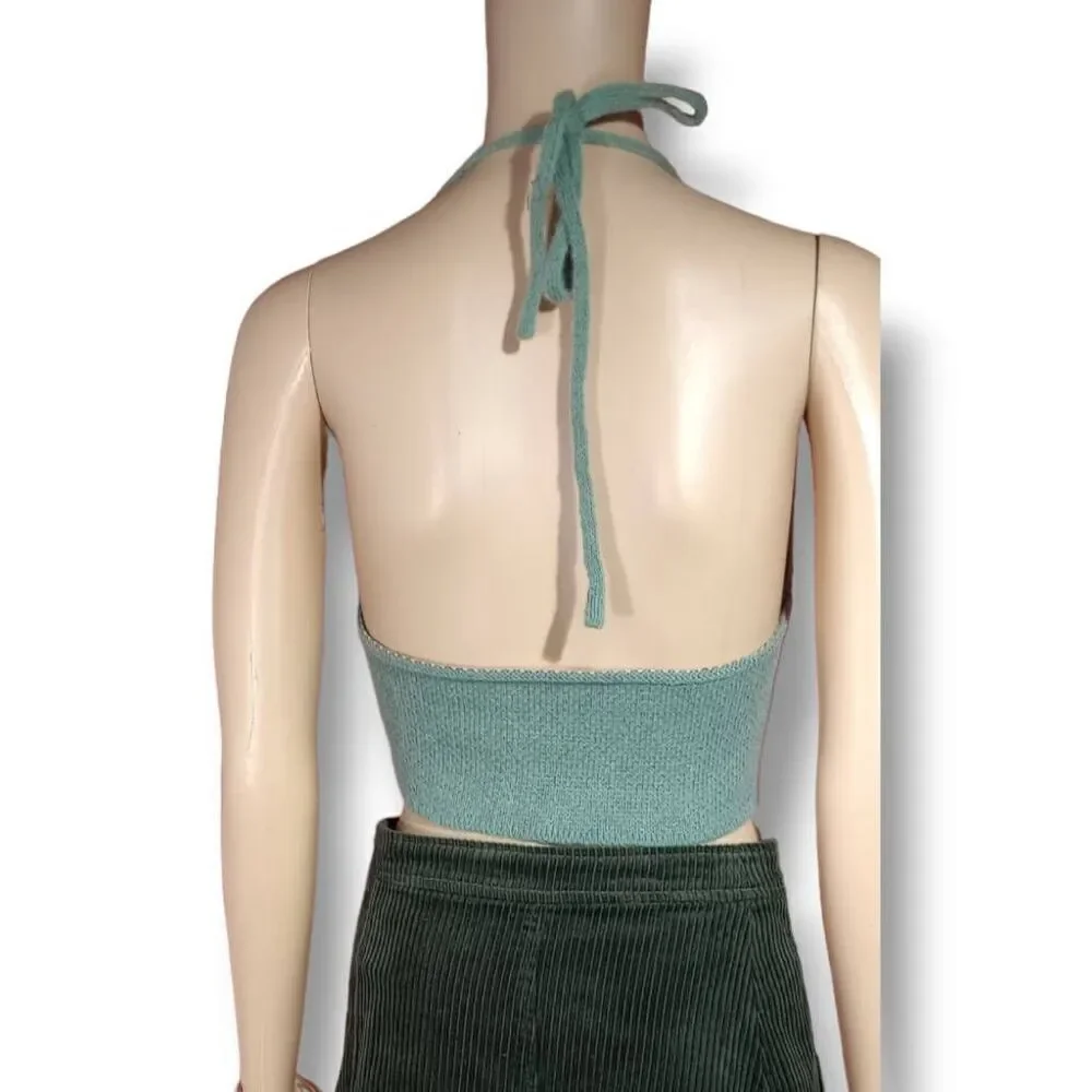 Knit halter, crop top green with mushrooms. New without tags